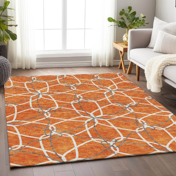HomeRoots 5' X 8' Vibrant Orange Ivory Gray Geometric Washable Area Rug with UV Protection for Active Spaces 675524