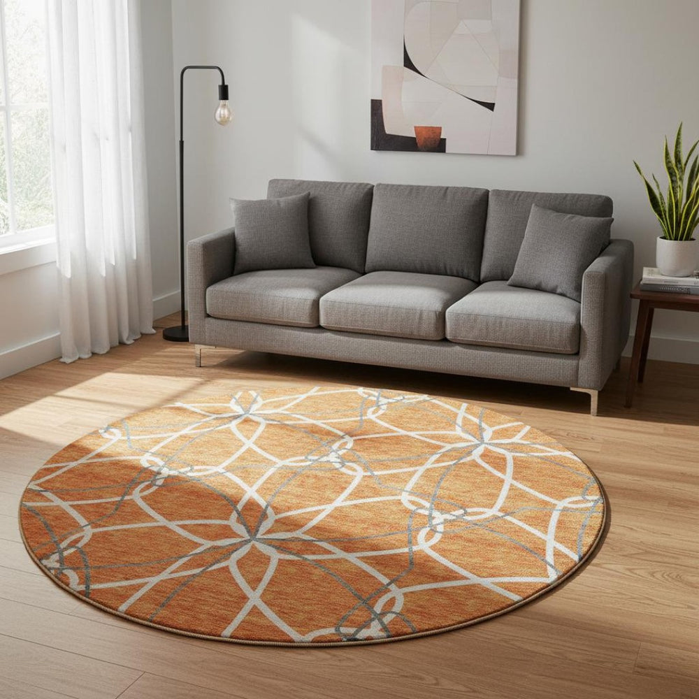 HomeRoots 8' Stylish Orange Ivory & Gray Geometric Washable Round Rug with UV Protection for High-Traffic Areas 675525