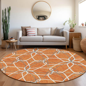 HomeRoots 8' Stylish Orange Ivory & Gray Geometric Washable Round Rug with UV Protection for High-Traffic Areas 675525
