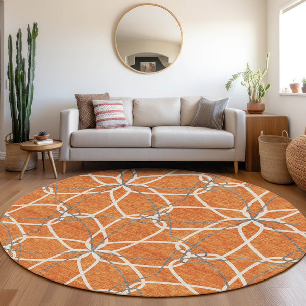 HomeRoots 8' Stylish Orange Ivory & Gray Geometric Washable Round Rug with UV Protection for High-Traffic Areas 675525