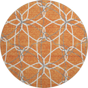 HomeRoots 8' Stylish Orange Ivory & Gray Geometric Washable Round Rug with UV Protection for High-Traffic Areas 675525
