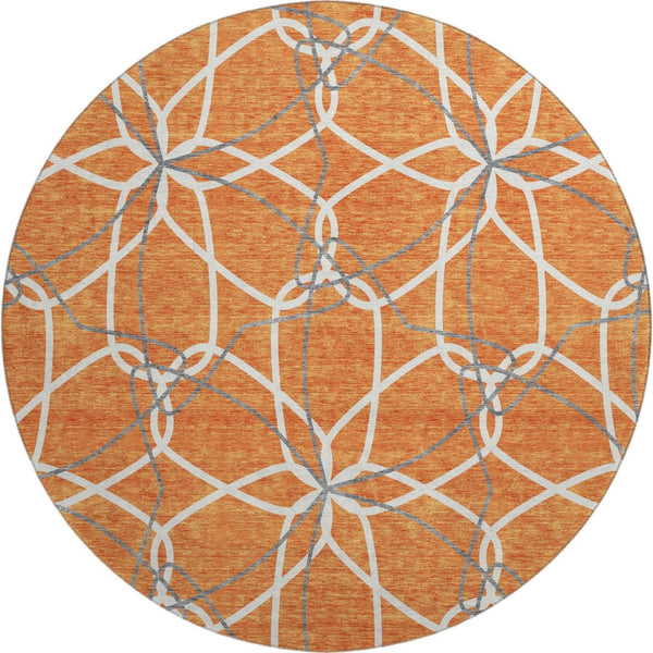 HomeRoots 8' Stylish Orange Ivory & Gray Geometric Washable Round Rug with UV Protection for High-Traffic Areas 675525