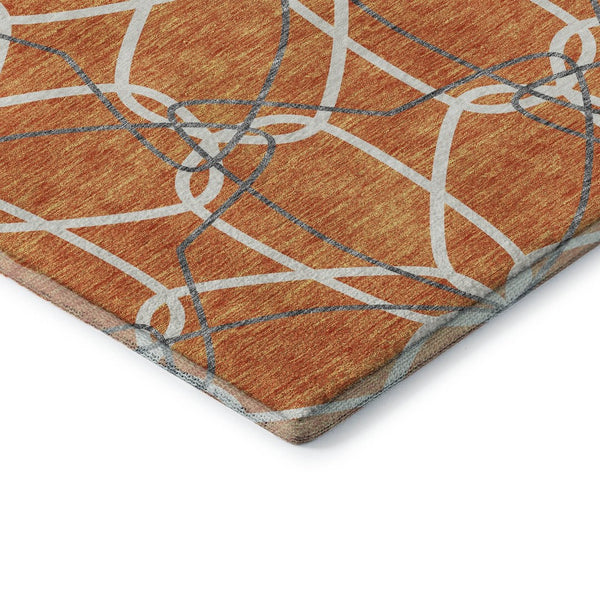 HomeRoots 8' Stylish Orange Ivory & Gray Geometric Washable Round Rug with UV Protection for High-Traffic Areas 675525