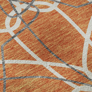 HomeRoots 8' Stylish Orange Ivory & Gray Geometric Washable Round Rug with UV Protection for High-Traffic Areas 675525