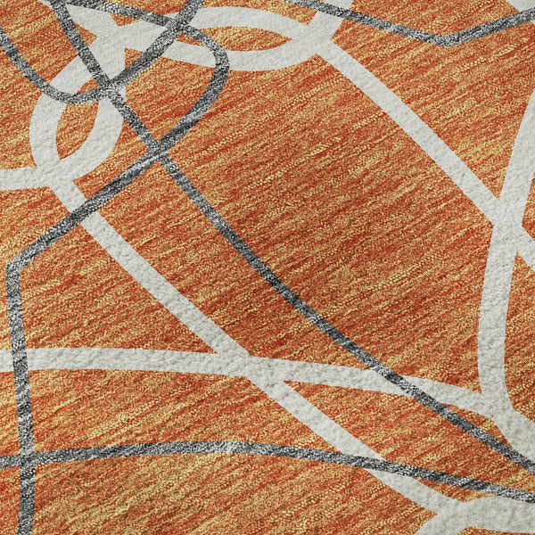 HomeRoots 8' Stylish Orange Ivory & Gray Geometric Washable Round Rug with UV Protection for High-Traffic Areas 675525
