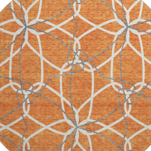 HomeRoots 8' Stylish Orange Ivory & Gray Geometric Washable Round Rug with UV Protection for High-Traffic Areas 675525