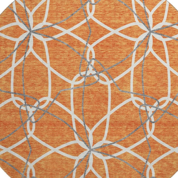 HomeRoots 8' Stylish Orange Ivory & Gray Geometric Washable Round Rug with UV Protection for High-Traffic Areas 675525