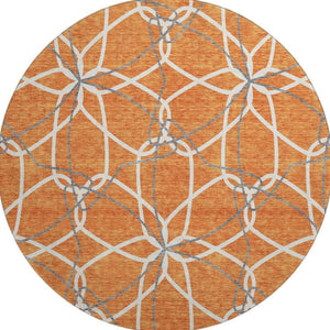 HomeRoots 8' Stylish Orange Ivory & Gray Geometric Washable Round Rug with UV Protection for High-Traffic Areas 675525