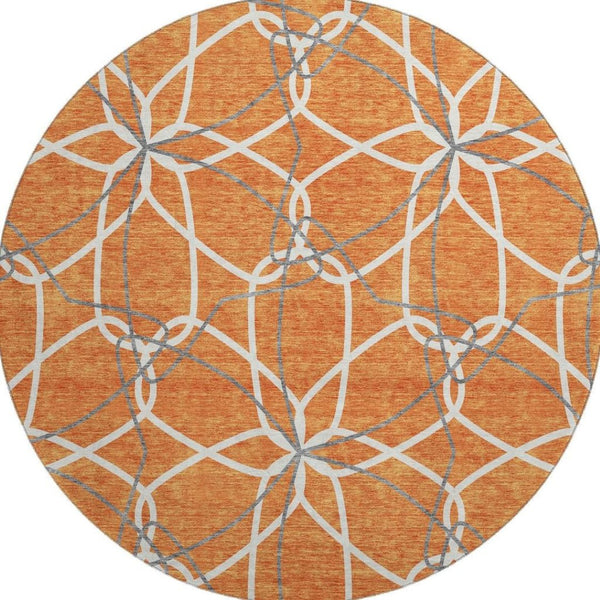 HomeRoots 8' Stylish Orange Ivory & Gray Geometric Washable Round Rug with UV Protection for High-Traffic Areas 675525