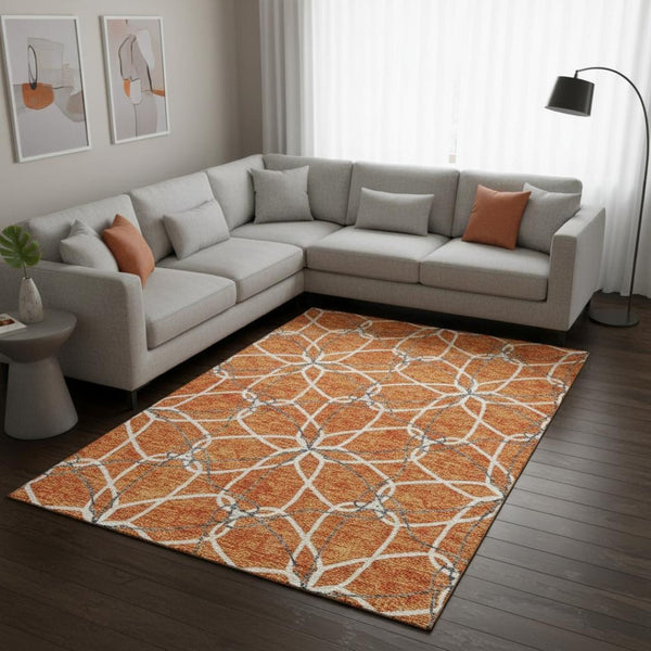 HomeRoots 8' X 10' Vibrant Orange, Ivory & Gray Geometric Area Rug - Washable, UV Protected, & Durable Design 675526