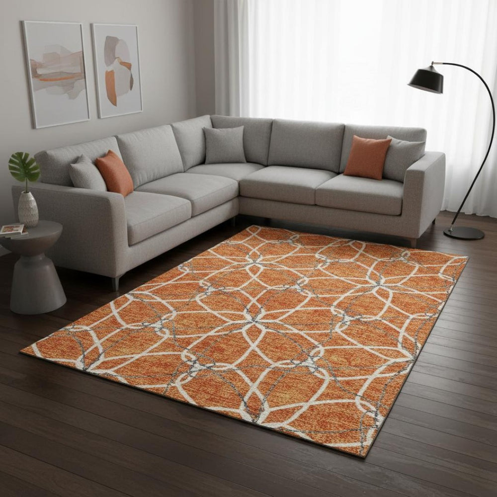 HomeRoots 9' X 12' Vibrant Orange and Gray Geometric Area Rug - Washable, UV Protected for Busy Homes 675527