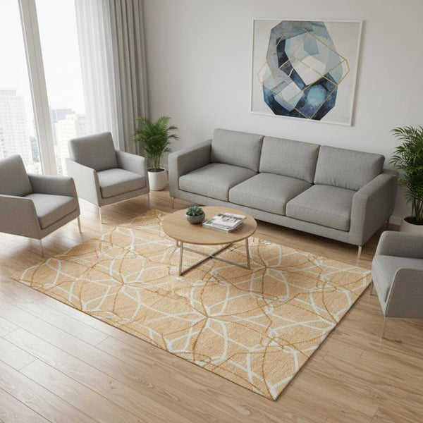 HomeRoots 5' X 8' Peach Ivory Orange Geometric Area Rug – Washable, UV Protected, Perfect for Homes with Kids! 675530
