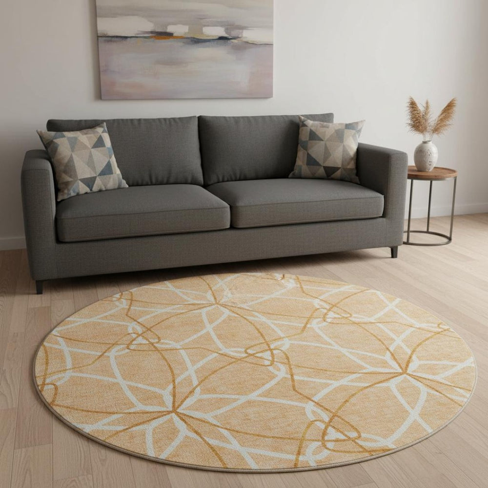 HomeRoots 8' Peach Ivory and Orange Geometric Round Rug - Washable, UV Protected, Stain Resistant for Homes 675531
