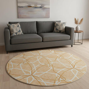 HomeRoots 8' Peach Ivory and Orange Geometric Round Rug - Washable, UV Protected, Stain Resistant for Homes 675531