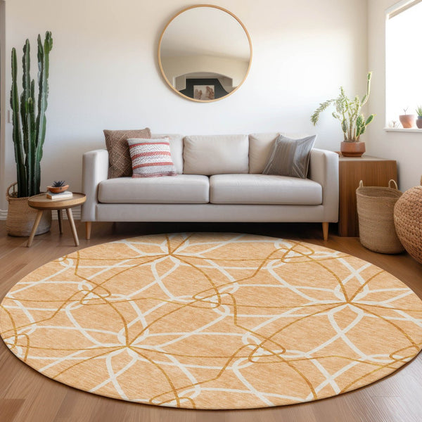 HomeRoots 8' Peach Ivory and Orange Geometric Round Rug - Washable, UV Protected, Stain Resistant for Homes 675531
