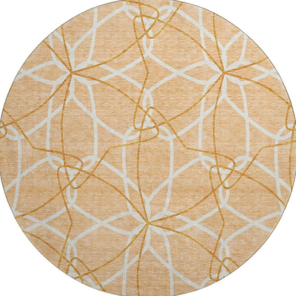 HomeRoots 8' Peach Ivory and Orange Geometric Round Rug - Washable, UV Protected, Stain Resistant for Homes 675531