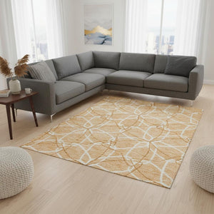 HomeRoots 8' X 10' Modern Peach Ivory and Orange Geometric Area Rug with Stain Resistance & UV Protection 675532