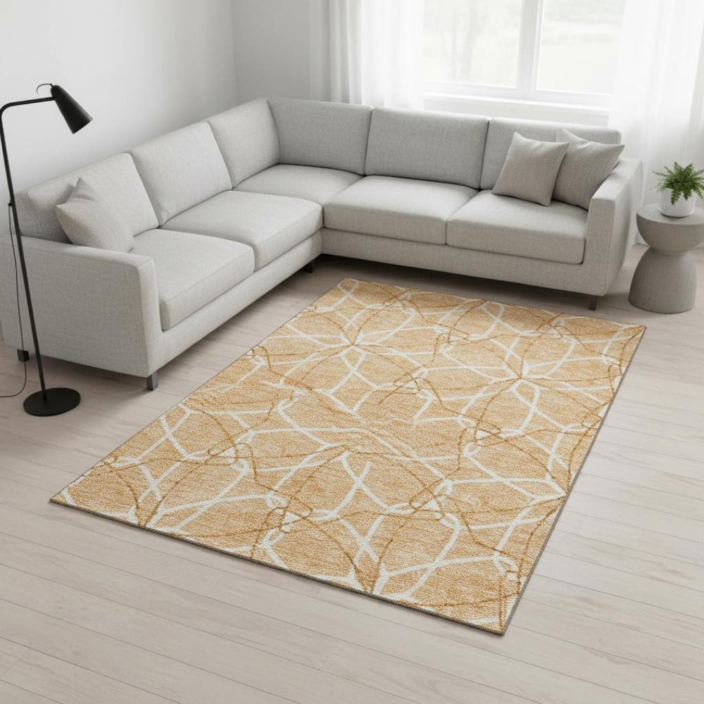 HomeRoots 9' X 12' Stylish Peach Ivory Orange Geometric Washable Area Rug with UV Protection for Every Room 675533