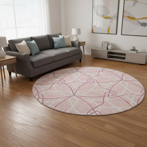 HomeRoots 8' Pink Geometric Washable Round Rug with UV Protection - Stylish, Durable, and Family-Friendly Design 675537