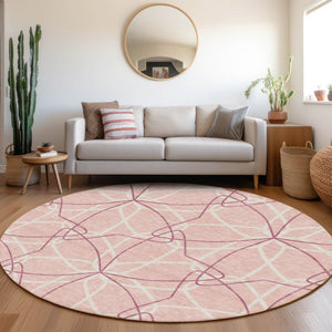 HomeRoots 8' Pink Geometric Washable Round Rug with UV Protection - Stylish, Durable, and Family-Friendly Design 675537