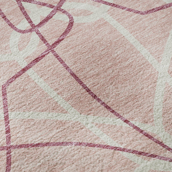 HomeRoots 8' Pink Geometric Washable Round Rug with UV Protection - Stylish, Durable, and Family-Friendly Design 675537