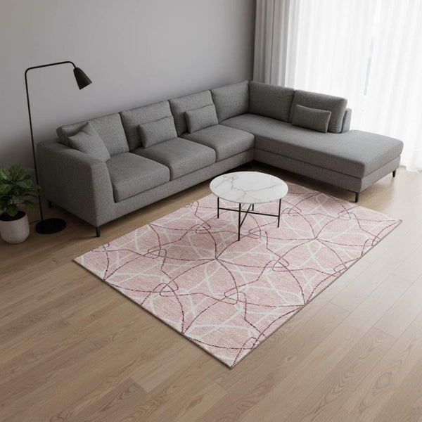 HomeRoots 9' X 12' Pink And Ivory Geometric Washable Area Rug – Stylish, Durable, UV-Protected, Easy Care! 675539