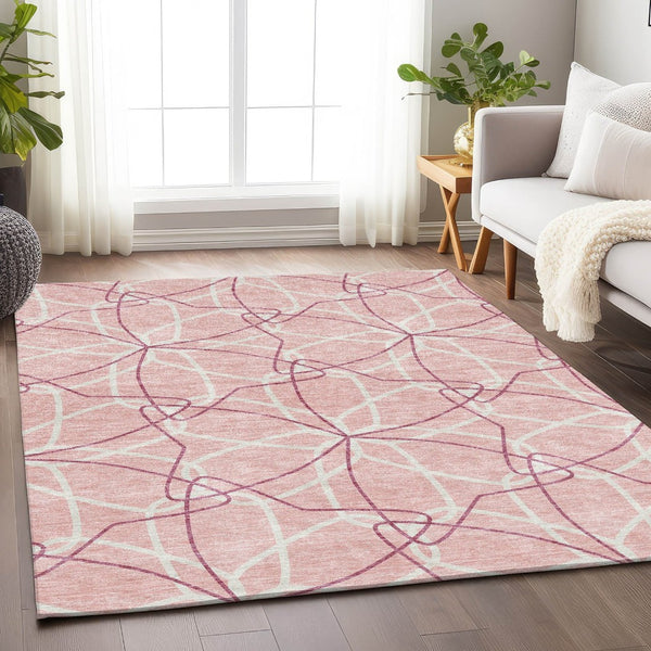 HomeRoots 9' X 12' Pink And Ivory Geometric Washable Area Rug – Stylish, Durable, UV-Protected, Easy Care! 675539