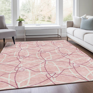 HomeRoots 9' X 12' Pink And Ivory Geometric Washable Area Rug – Stylish, Durable, UV-Protected, Easy Care! 675539