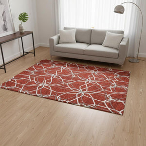 HomeRoots 5' X 8' Modern Red Ivory Gray Geometric Area Rug - Washable, UV Protected, Durable for High Traffic Areas 675542