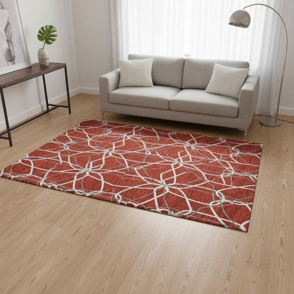 HomeRoots 5' X 8' Modern Red Ivory Gray Geometric Area Rug - Washable, UV Protected, Durable for High Traffic Areas 675542