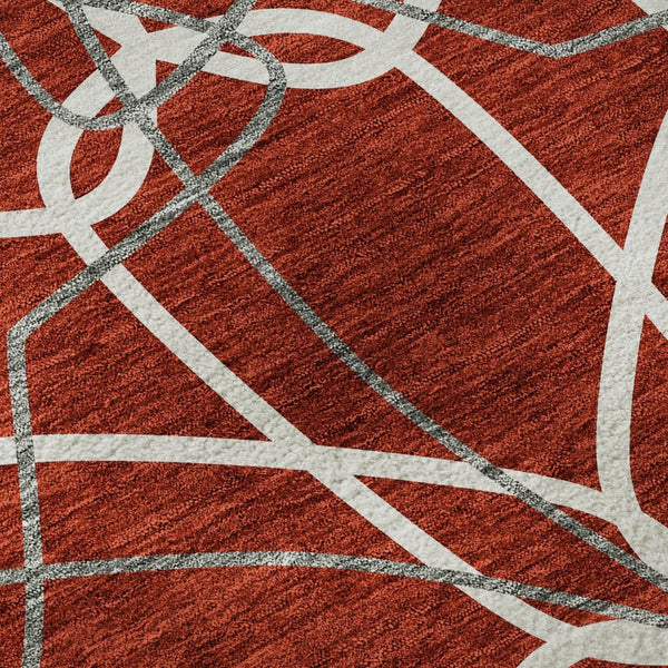HomeRoots 5' X 8' Modern Red Ivory Gray Geometric Area Rug - Washable, UV Protected, Durable for High Traffic Areas 675542