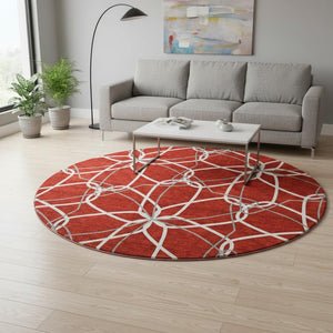 HomeRoots 8' Red Ivory And Gray Geometric Washable Round Rug - Durable, UV-Protected, Modern Home Accent 675543