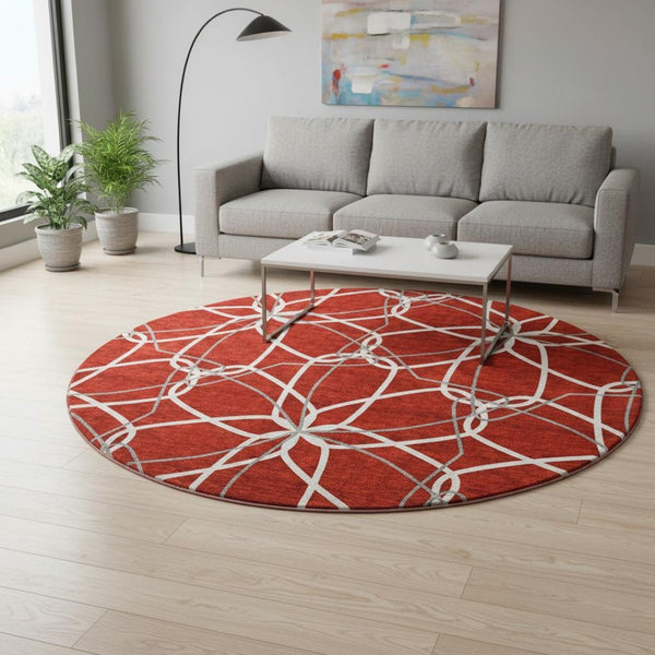 HomeRoots 8' Red Ivory And Gray Geometric Washable Round Rug - Durable, UV-Protected, Modern Home Accent 675543