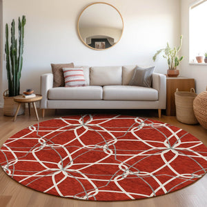HomeRoots 8' Red Ivory And Gray Geometric Washable Round Rug - Durable, UV-Protected, Modern Home Accent 675543