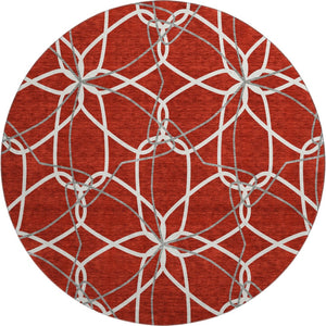 HomeRoots 8' Red Ivory And Gray Geometric Washable Round Rug - Durable, UV-Protected, Modern Home Accent 675543