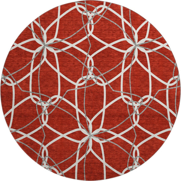 HomeRoots 8' Red Ivory And Gray Geometric Washable Round Rug - Durable, UV-Protected, Modern Home Accent 675543