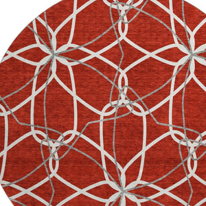HomeRoots 8' Red Ivory And Gray Geometric Washable Round Rug - Durable, UV-Protected, Modern Home Accent 675543
