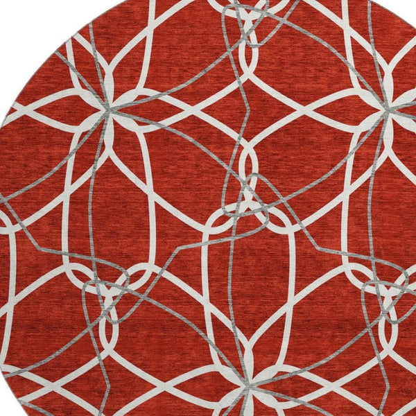 HomeRoots 8' Red Ivory And Gray Geometric Washable Round Rug - Durable, UV-Protected, Modern Home Accent 675543