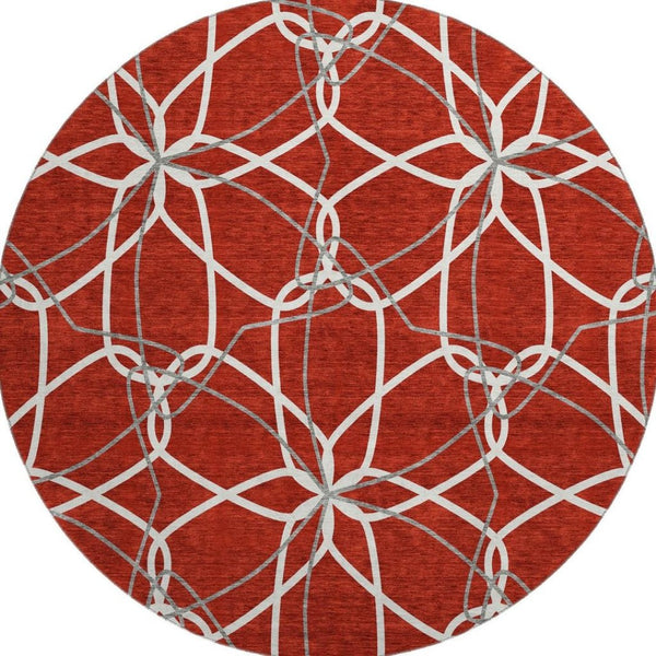 HomeRoots 8' Red Ivory And Gray Geometric Washable Round Rug - Durable, UV-Protected, Modern Home Accent 675543
