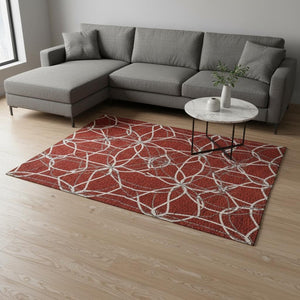HomeRoots 8' X 10' Stylish Red, Ivory & Gray Geometric Washable Area Rug with UV Protection for Busy Homes 675544