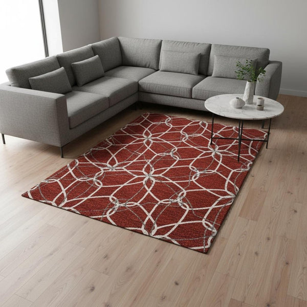 HomeRoots 9' x 12' Geometric Red, Ivory & Gray Washable Area Rug - Stain-Resistant, UV Protected, Soft Touch 675545