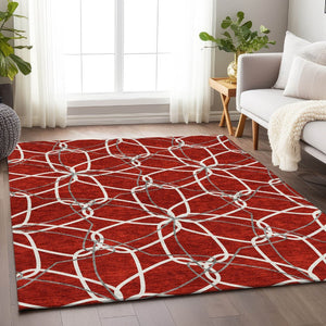 HomeRoots 9' x 12' Geometric Red, Ivory & Gray Washable Area Rug - Stain-Resistant, UV Protected, Soft Touch 675545