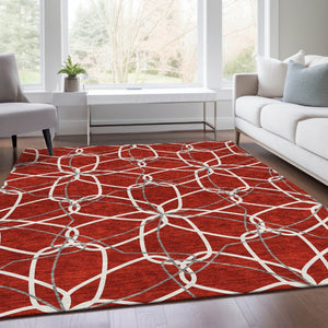 HomeRoots 9' x 12' Geometric Red, Ivory & Gray Washable Area Rug - Stain-Resistant, UV Protected, Soft Touch 675545