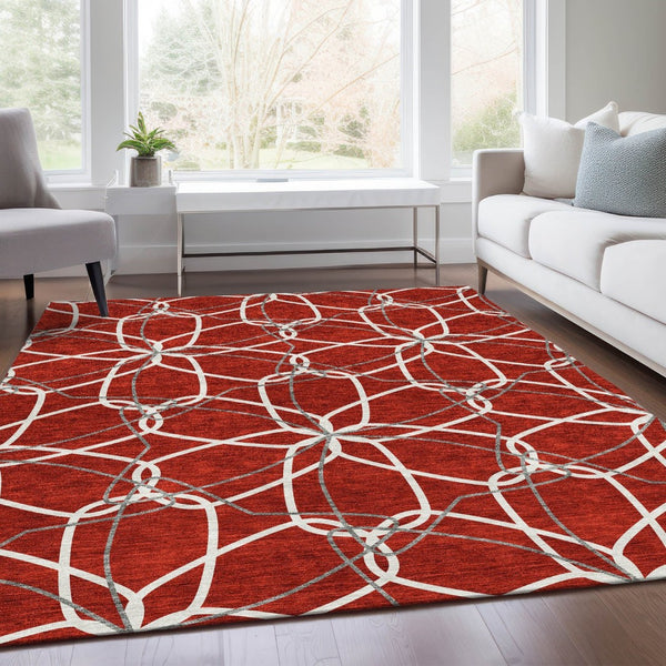 HomeRoots 9' x 12' Geometric Red, Ivory & Gray Washable Area Rug - Stain-Resistant, UV Protected, Soft Touch 675545