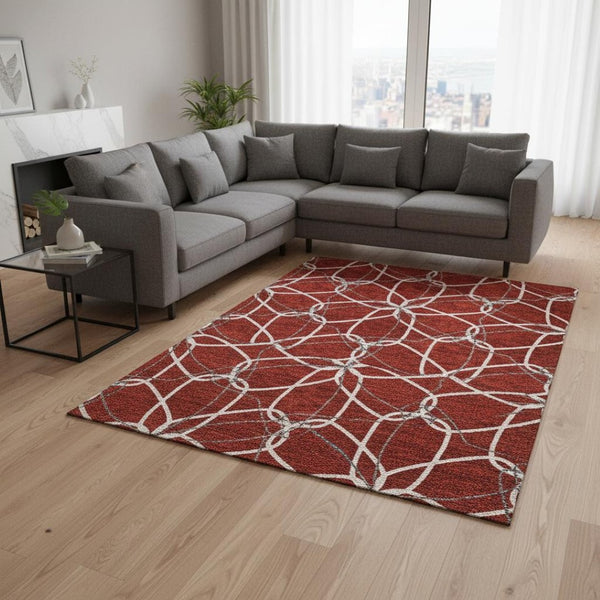 HomeRoots 10' X 14' Red Ivory Gray Geometric Area Rug – Washable, Stain Resistant, UV Protected & Durable Design 675546