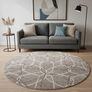 HomeRoots 8' Taupe Beige & Brown Geometric Round Rug - Washable, UV Protected, Perfect for High-Traffic Areas! 675549