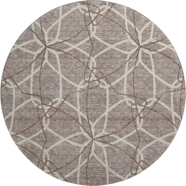 HomeRoots 8' Taupe Beige & Brown Geometric Round Rug - Washable, UV Protected, Perfect for High-Traffic Areas! 675549