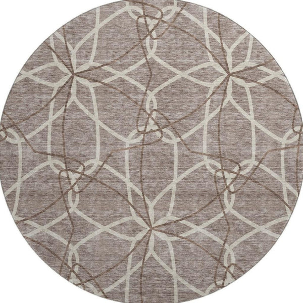 HomeRoots 8' Taupe Beige & Brown Geometric Round Rug - Washable, UV Protected, Perfect for High-Traffic Areas! 675549