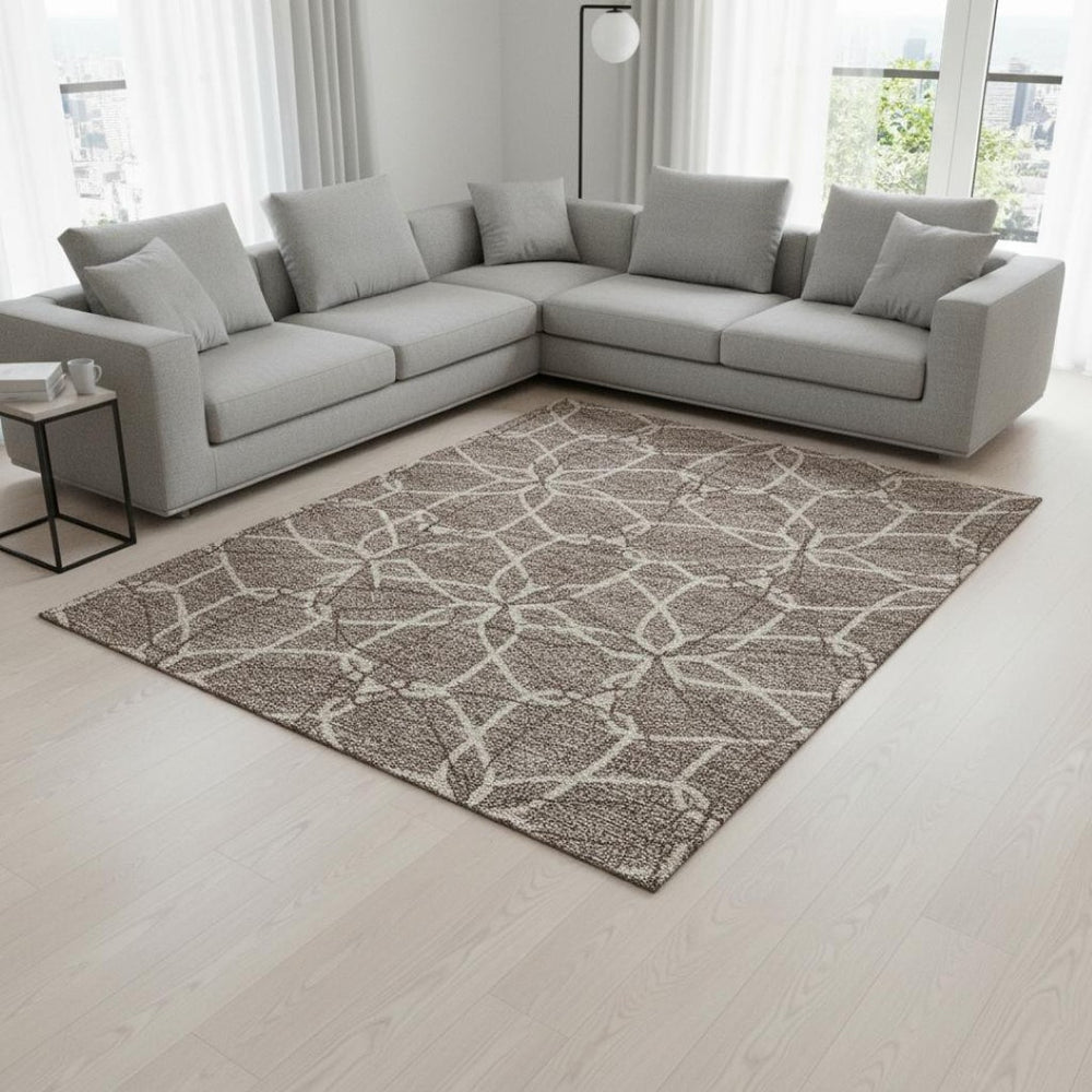 HomeRoots 9' X 12' Taupe Beige & Brown Geometric Area Rug - Washable, UV Protection, Perfect for Family Rooms 675551