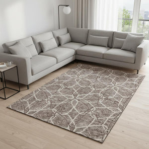 HomeRoots 10' Taupe Beige and Brown Geometric Washable Area Rug with UV Protection for Durable Family Living 675552